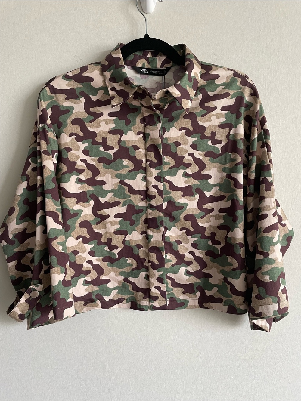 Zara camo cropped boxy button up shirt wide 3/4 sleeve XS